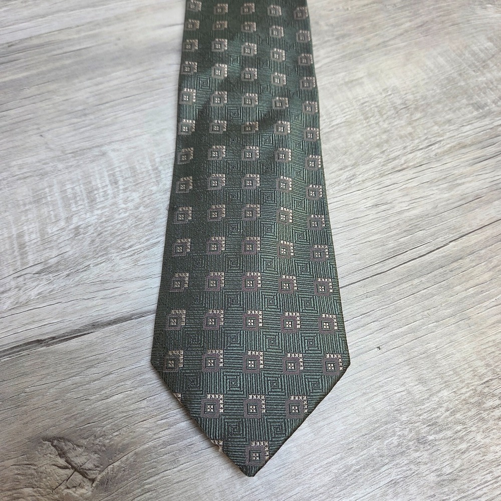 Canali Silk Necktie Green Silver Geometric Squares 60 In. Italy Geometric Square